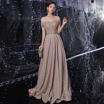 High End Brown Evening Dresses 2020 A Line Princess Off The Shoulder Short Sleeve Sequins Beading Sash Glitter Polyester Floor Length Long Ruffle Backless Formal Dresses