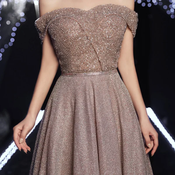 Haut de Gamme Marron Robe De Soirée 2020 Princesse De l'épaule Manches Courtes Paillettes Perlage Ceinture Glitter Polyester Longue Volants Dos Nu Robe De Ceremonie