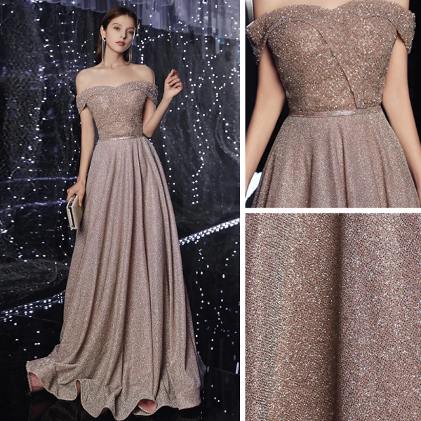 Haut de Gamme Marron Robe De Soirée 2020 Princesse De l'épaule Manches Courtes Paillettes Perlage Ceinture Glitter Polyester Longue Volants Dos Nu Robe De Ceremonie