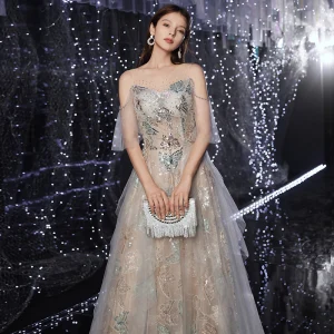 Illusion Grey Evening Dresses 2020 A Line Princess See Through Scoop Neck Short Sleeve Beading Sequins Floor Length Long Ruffle Backless Formal Dresses