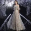 Illusion Gris Robe De Soirée 2020 Princesse Transparentes Encolure Dégagée Manches Courtes Perlage Paillettes Longue Volants Dos Nu Robe De Ceremonie