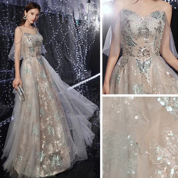 Illusion Gris Robe De Soirée 2020 Princesse Transparentes Encolure Dégagée Manches Courtes Perlage Paillettes Longue Volants Dos Nu Robe De Ceremonie