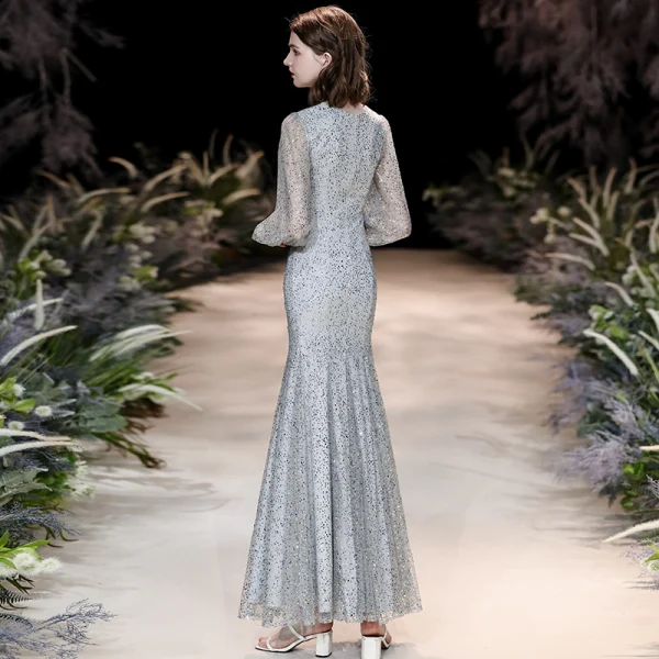 Scintillantes Argenté Robe De Soirée 2020 Trompette / Sirène Encolure Dégagée Gonflée Manches Longues Paillettes Longue Robe De Ceremonie