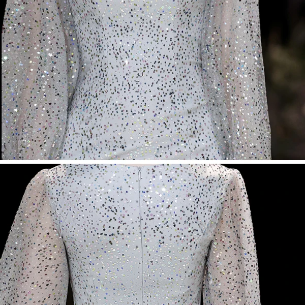 Scintillantes Argenté Robe De Soirée 2020 Trompette / Sirène Encolure Dégagée Gonflée Manches Longues Paillettes Longue Robe De Ceremonie