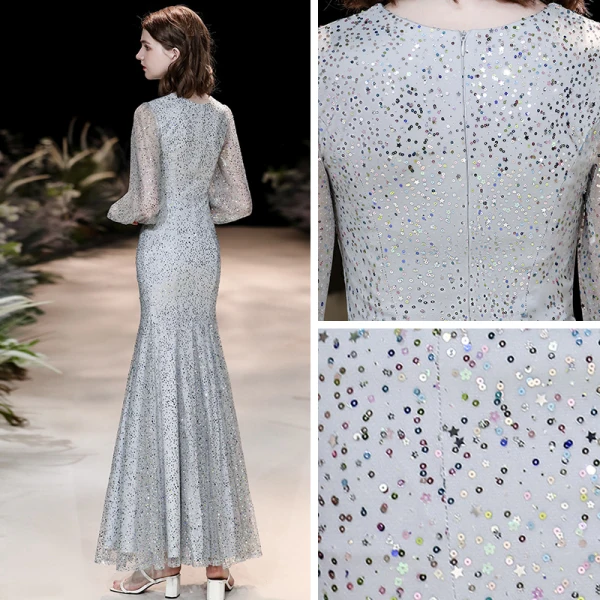 Scintillantes Argenté Robe De Soirée 2020 Trompette / Sirène Encolure Dégagée Gonflée Manches Longues Paillettes Longue Robe De Ceremonie