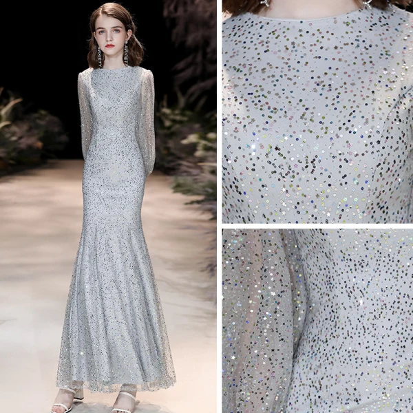 Scintillantes Argenté Robe De Soirée 2020 Trompette / Sirène Encolure Dégagée Gonflée Manches Longues Paillettes Longue Robe De Ceremonie