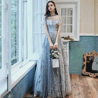 Chic Belle Bleu Ciel Transparentes Robe De Bal 2020 Princesse Col Haut Manches Courtes Paillettes Longue Volants Robe De Ceremonie