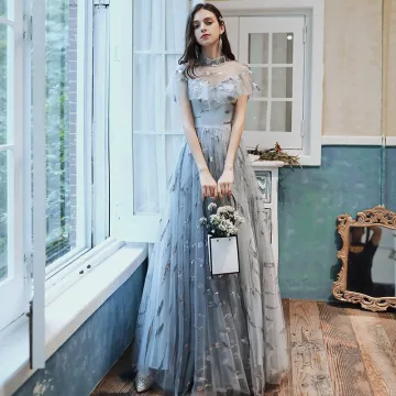 Chic Beautiful Sky Blue See Through Prom Dresses 2020 A Line Princess High Neck Short Sleeve Sequins Floor Length Long Ruffle Formal Dresses