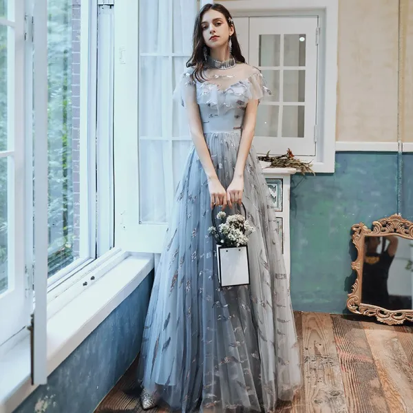 Chic / Belle Bleu Ciel Transparentes Robe De Bal 2020 Princesse Col Haut Manches Courtes Paillettes Longue Volants Robe De Ceremonie
