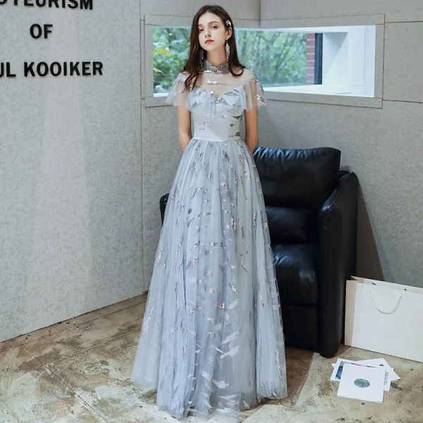 Chic / Belle Bleu Ciel Transparentes Robe De Bal 2020 Princesse Col Haut Manches Courtes Paillettes Longue Volants Robe De Ceremonie