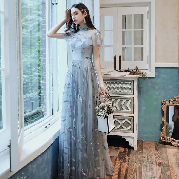 Chic / Belle Bleu Ciel Transparentes Robe De Bal 2020 Princesse Col Haut Manches Courtes Paillettes Longue Volants Robe De Ceremonie