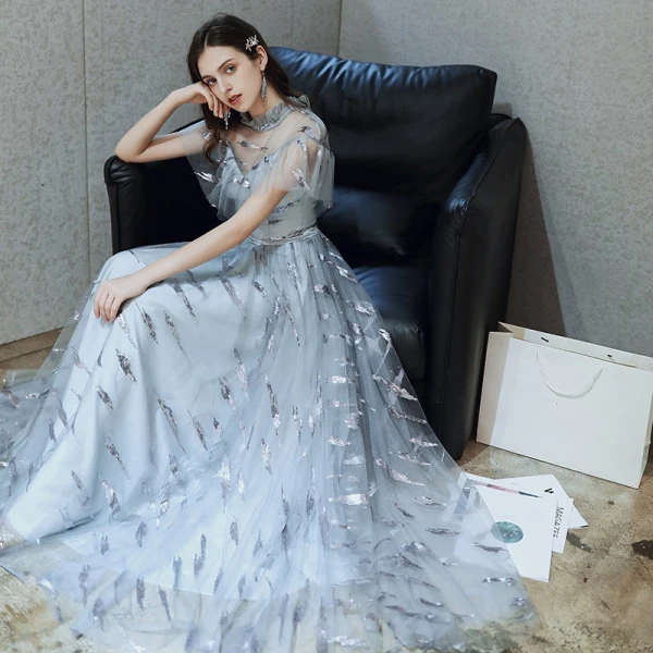 Chic / Belle Bleu Ciel Transparentes Robe De Bal 2020 Princesse Col Haut Manches Courtes Paillettes Longue Volants Robe De Ceremonie