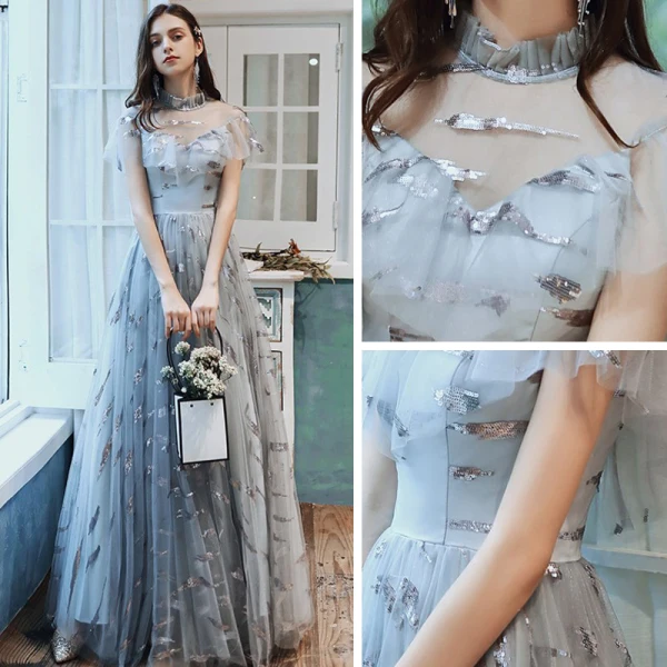 Chic / Belle Bleu Ciel Transparentes Robe De Bal 2020 Princesse Col Haut Manches Courtes Paillettes Longue Volants Robe De Ceremonie
