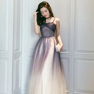 Elegant Purple Gradient Farge Champagne Dancing Ballkjoler 2020 Prinsesse Spaghettistropper Uten Ermer Glitter Tyll Beading Lange Buste Ryggløse