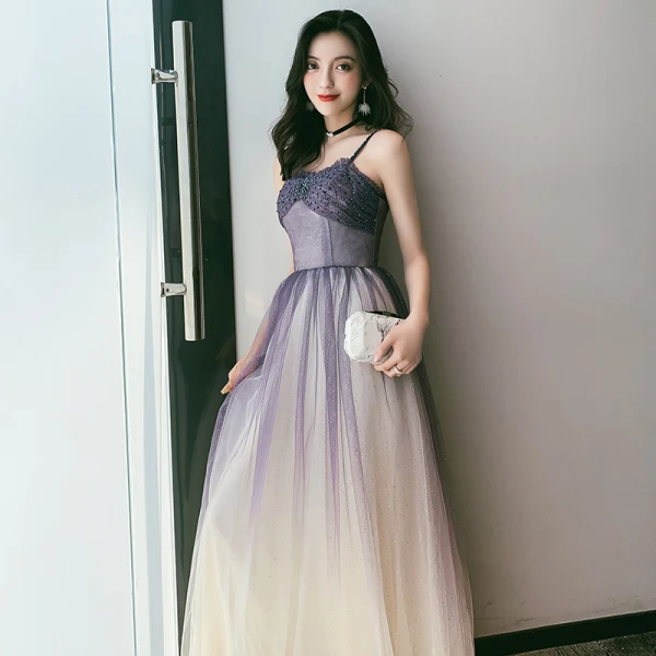 Elegant Purple Gradient-Color Champagne Dancing Prom Dresses 2020 A-Line / Princess Spaghetti Straps Sleeveless Glitter Tulle Beading Floor-Length / Long Ruffle Backless