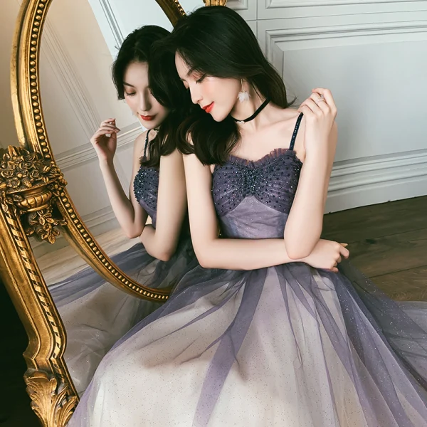 Elegant Purple Gradient-Color Champagne Dancing Prom Dresses 2020 A-Line / Princess Spaghetti Straps Sleeveless Glitter Tulle Beading Floor-Length / Long Ruffle Backless