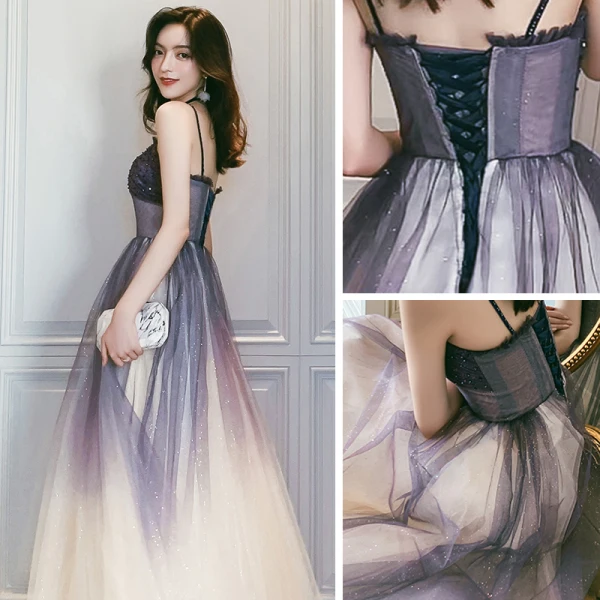 Elegant Purple Gradient-Color Champagne Dancing Prom Dresses 2020 A-Line / Princess Spaghetti Straps Sleeveless Glitter Tulle Beading Floor-Length / Long Ruffle Backless