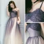 Elegant Purple Gradient-Color Champagne Dancing Prom Dresses 2020 A-Line / Princess Spaghetti Straps Sleeveless Glitter Tulle Beading Floor-Length / Long Ruffle Backless