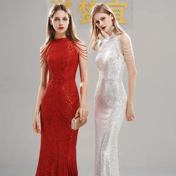 Sparkly Sequins Evening Dresses  2020 Trumpet / Mermaid High Neck Sleeveless Beading Floor-Length / Long Formal Dresses