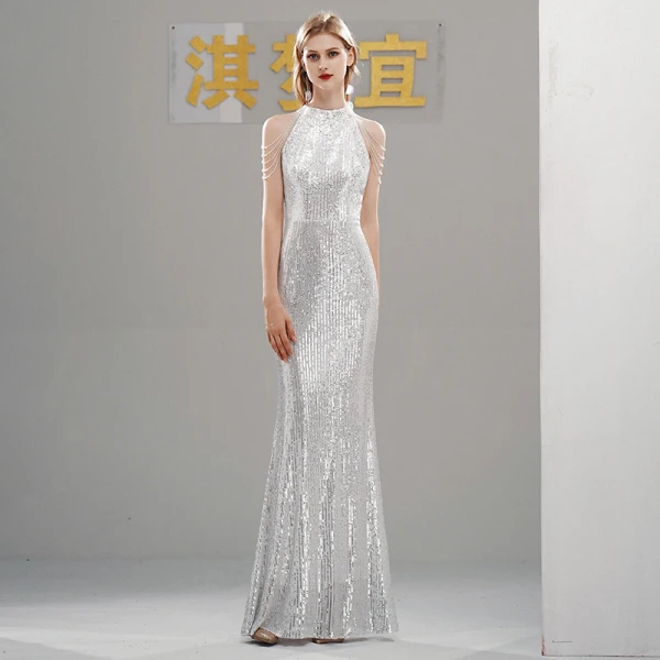 Scintillantes Paillettes Robe De Soirée 2020 Trompette / Sirène Col Haut Sans Manches Perlage Longue Robe De Ceremonie