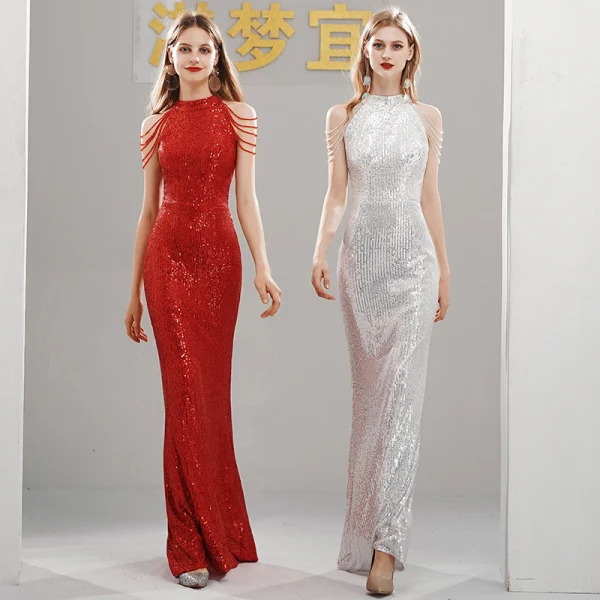 Scintillantes Paillettes Robe De Soirée 2020 Trompette / Sirène Col Haut Sans Manches Perlage Longue Robe De Ceremonie
