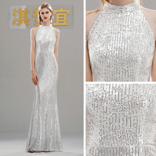 Scintillantes Paillettes Robe De Soirée 2020 Trompette / Sirène Col Haut Sans Manches Perlage Longue Robe De Ceremonie