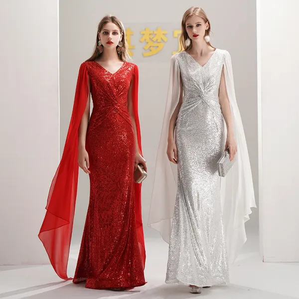 Sparkly Sequins Evening Dresses  2020 Trumpet / Mermaid V-Neck Sleeveless Floor-Length / Long Formal Dresses