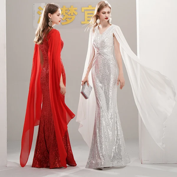 Sparkly Sequins Evening Dresses 2020 Trumpet / Mermaid V-Neck Sleeveless Floor-Length / Long Formal Dresses