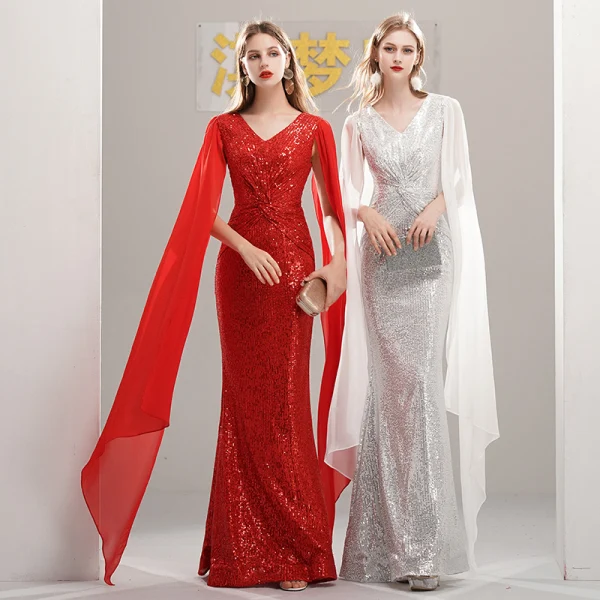 Sparkly Sequins Evening Dresses 2020 Trumpet / Mermaid V-Neck Sleeveless Floor-Length / Long Formal Dresses