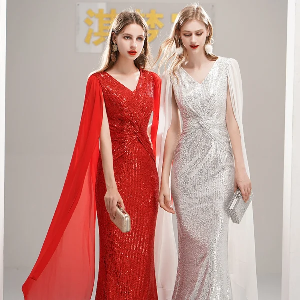 Sparkly Sequins Evening Dresses 2020 Trumpet / Mermaid V-Neck Sleeveless Floor-Length / Long Formal Dresses