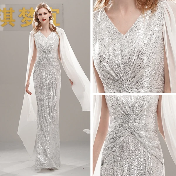 Sparkly Sequins Evening Dresses 2020 Trumpet / Mermaid V-Neck Sleeveless Floor-Length / Long Formal Dresses
