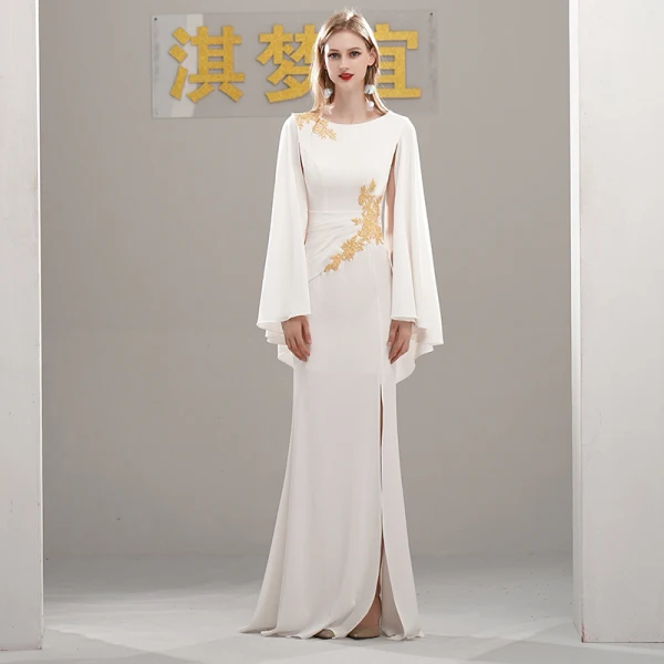 Style Chinois Robe De Soirée 2020 Trompette / Sirène Encolure Dégagée Manches Longues Appliques En Dentelle Fendue devant Longue Robe De Ceremonie
