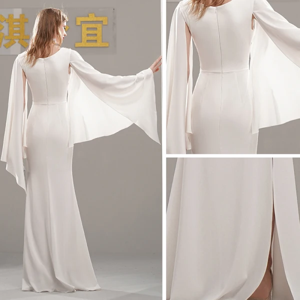 Style Chinois Robe De Soirée 2020 Trompette / Sirène Encolure Dégagée Manches Longues Appliques En Dentelle Fendue devant Longue Robe De Ceremonie