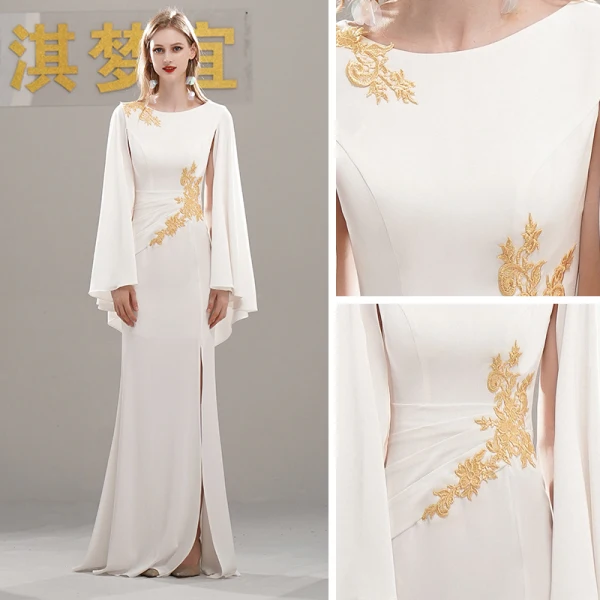 Style Chinois Robe De Soirée 2020 Trompette / Sirène Encolure Dégagée Manches Longues Appliques En Dentelle Fendue devant Longue Robe De Ceremonie