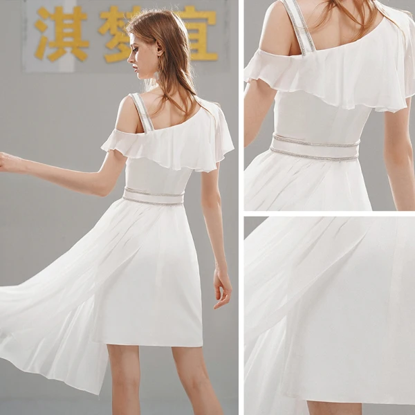 Chic / Belle Chiffon de retour Robe De Graduation 2020 Une épaule Manches Courtes Ceinture Asymétrique Volants Robe De Ceremonie