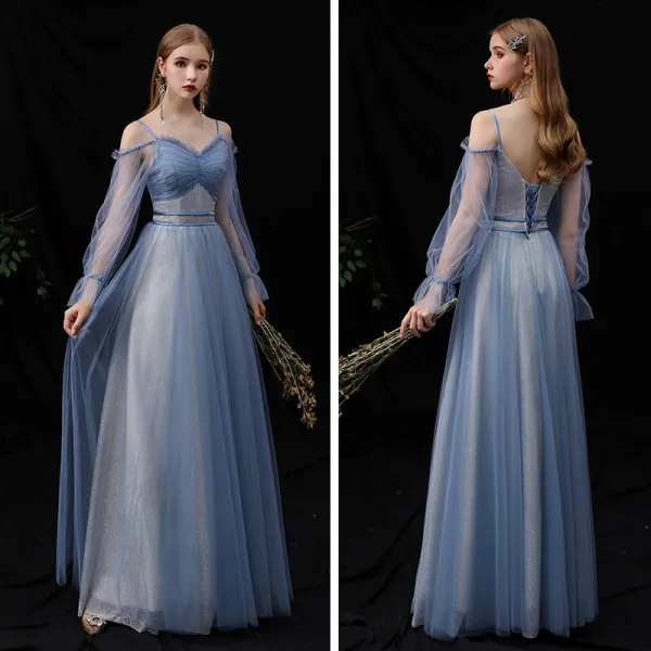 Affordable Ocean Blue Bridesmaid Dresses 2020 A-Line / Princess Spaghetti Straps Puffy Long Sleeve Backless Glitter Tulle Floor-Length / Long Ruffle