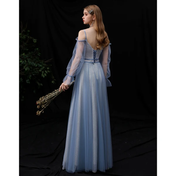 Affordable Ocean Blue Bridesmaid Dresses 2020 A-Line / Princess Spaghetti Straps Puffy Long Sleeve Backless Glitter Tulle Floor-Length / Long Ruffle