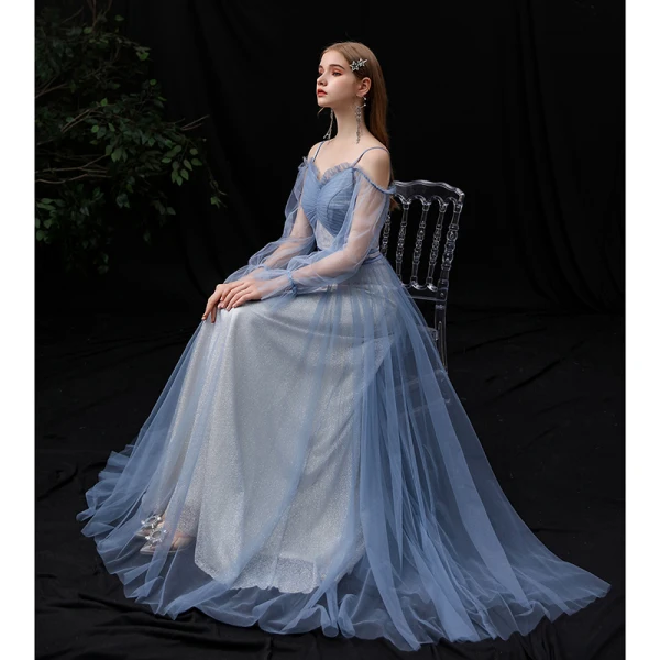 Affordable Ocean Blue Bridesmaid Dresses 2020 A-Line / Princess Spaghetti Straps Puffy Long Sleeve Backless Glitter Tulle Floor-Length / Long Ruffle