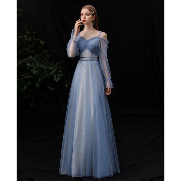 Affordable Ocean Blue Bridesmaid Dresses 2020 A-Line / Princess Spaghetti Straps Puffy Long Sleeve Backless Glitter Tulle Floor-Length / Long Ruffle