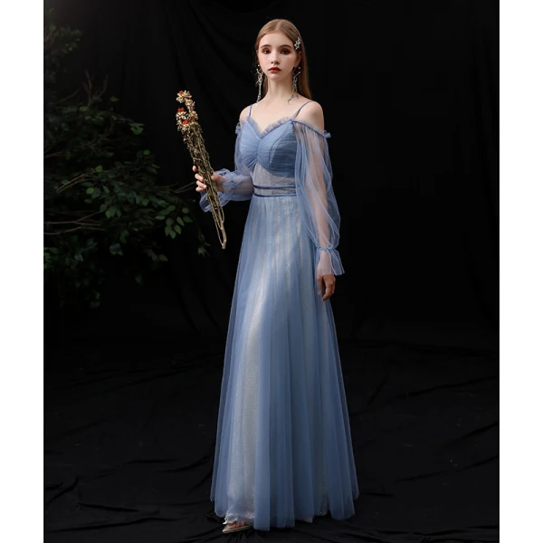 Affordable Ocean Blue Bridesmaid Dresses 2020 A-Line / Princess Spaghetti Straps Puffy Long Sleeve Backless Glitter Tulle Floor-Length / Long Ruffle