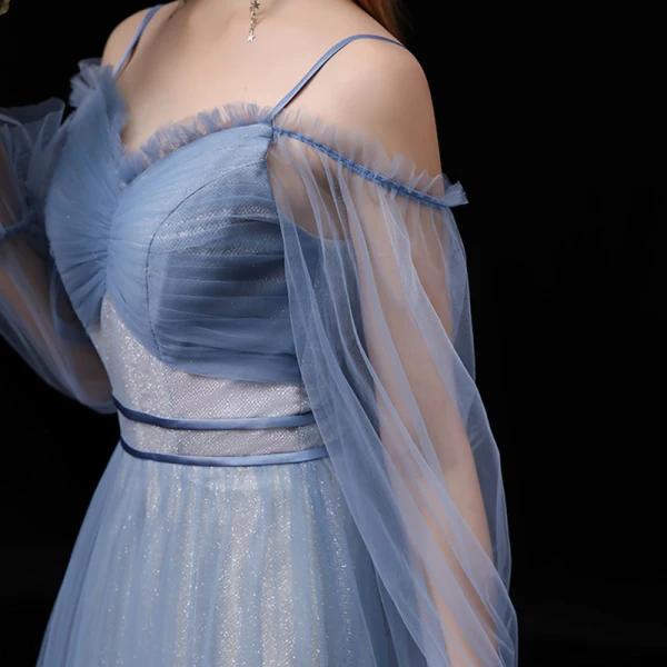 Affordable Ocean Blue Bridesmaid Dresses 2020 A-Line / Princess Spaghetti Straps Puffy Long Sleeve Backless Glitter Tulle Floor-Length / Long Ruffle