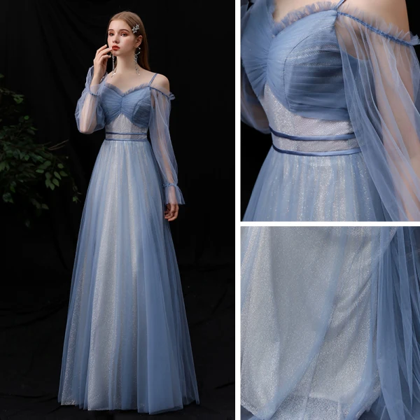 Affordable Ocean Blue Bridesmaid Dresses 2020 A-Line / Princess Spaghetti Straps Puffy Long Sleeve Backless Glitter Tulle Floor-Length / Long Ruffle