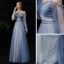 Affordable Ocean Blue Bridesmaid Dresses 2020 A-Line / Princess Spaghetti Straps Puffy Long Sleeve Backless Glitter Tulle Floor-Length / Long Ruffle
