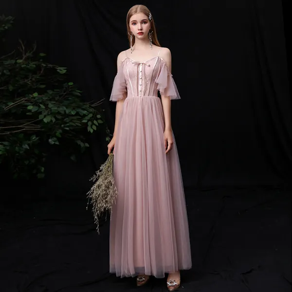 Affordable Blushing Pink Bridesmaid Dresses 2020 A-Line / Princess Spaghetti Straps Short Sleeve Backless Floor-Length / Long Ruffle