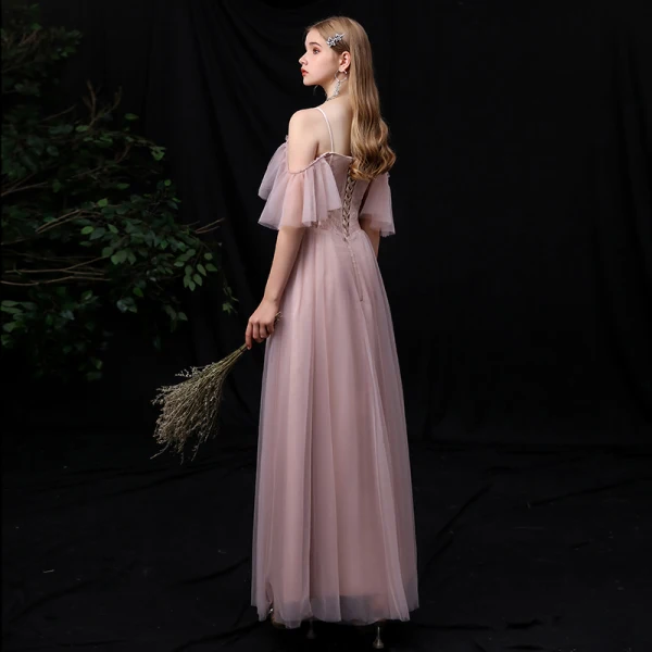 Affordable Blushing Pink Bridesmaid Dresses 2020 A-Line / Princess Spaghetti Straps Short Sleeve Backless Floor-Length / Long Ruffle
