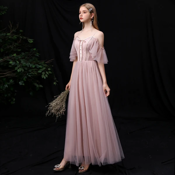 Affordable Blushing Pink Bridesmaid Dresses 2020 A-Line / Princess Spaghetti Straps Short Sleeve Backless Floor-Length / Long Ruffle