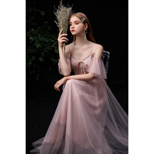 Affordable Blushing Pink Bridesmaid Dresses 2020 A-Line / Princess Spaghetti Straps Short Sleeve Backless Floor-Length / Long Ruffle