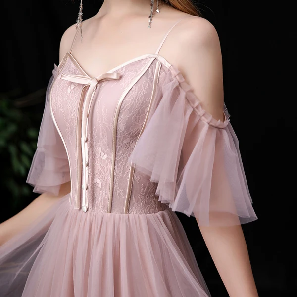 Affordable Blushing Pink Bridesmaid Dresses 2020 A-Line / Princess Spaghetti Straps Short Sleeve Backless Floor-Length / Long Ruffle