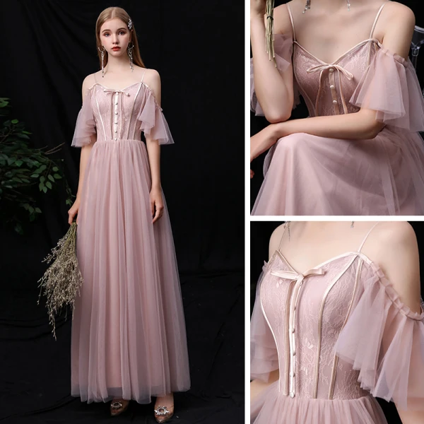 Affordable Blushing Pink Bridesmaid Dresses 2020 A-Line / Princess Spaghetti Straps Short Sleeve Backless Floor-Length / Long Ruffle