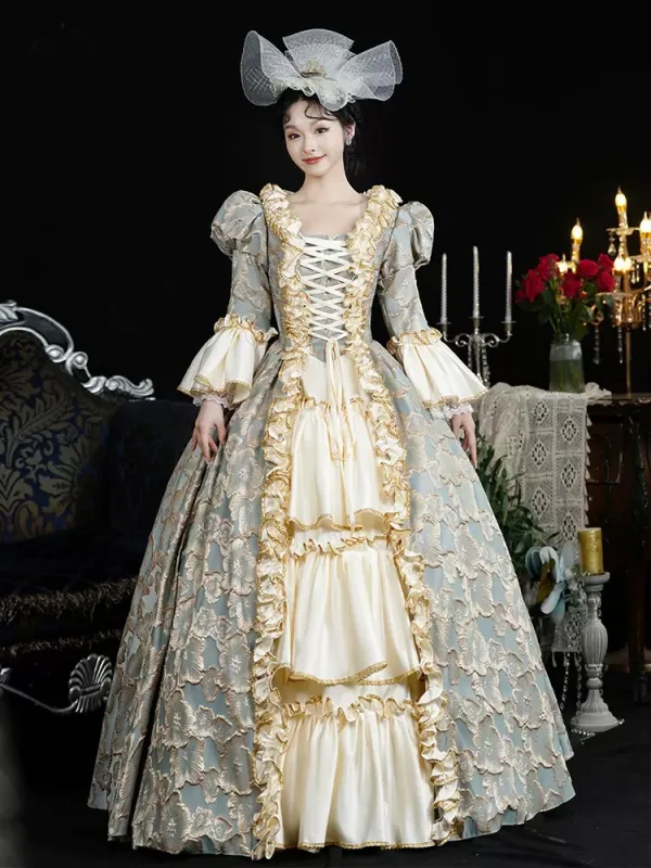 Vintage / Retro Medieval 3D Lace Flower Champagne Prom Dresses 2024 Crossed Straps Floor-Length / Long U-Neck Cosplay Long Sleeve A-Line / Princess Ball Gown Formal Dresses